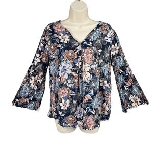 Boho Shirt Women Size M Navy Floral Coquette Bell Sleeve V Neck Blouse Peasant
